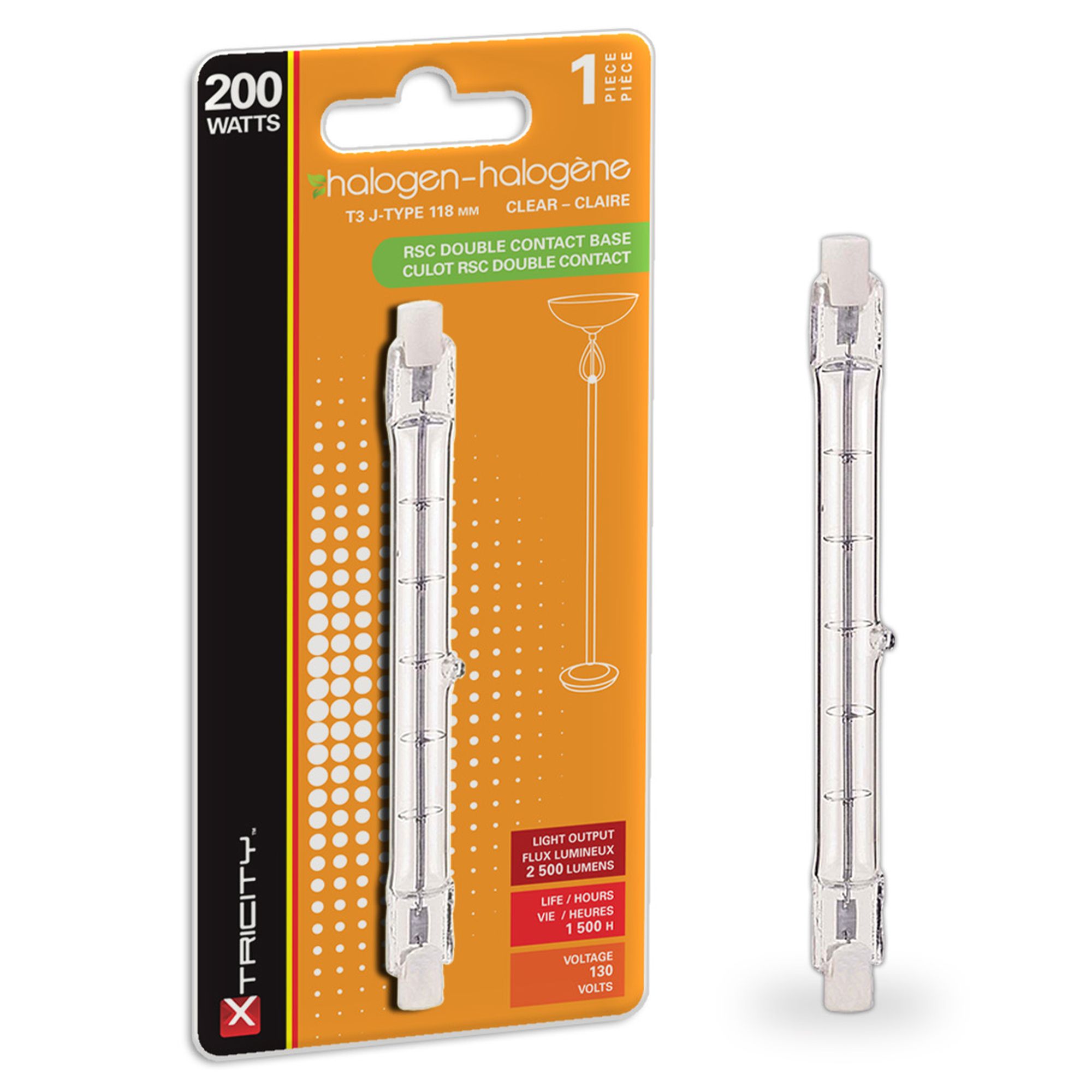 Ampoule halogène quartz T3 118 mm 200 W, claire