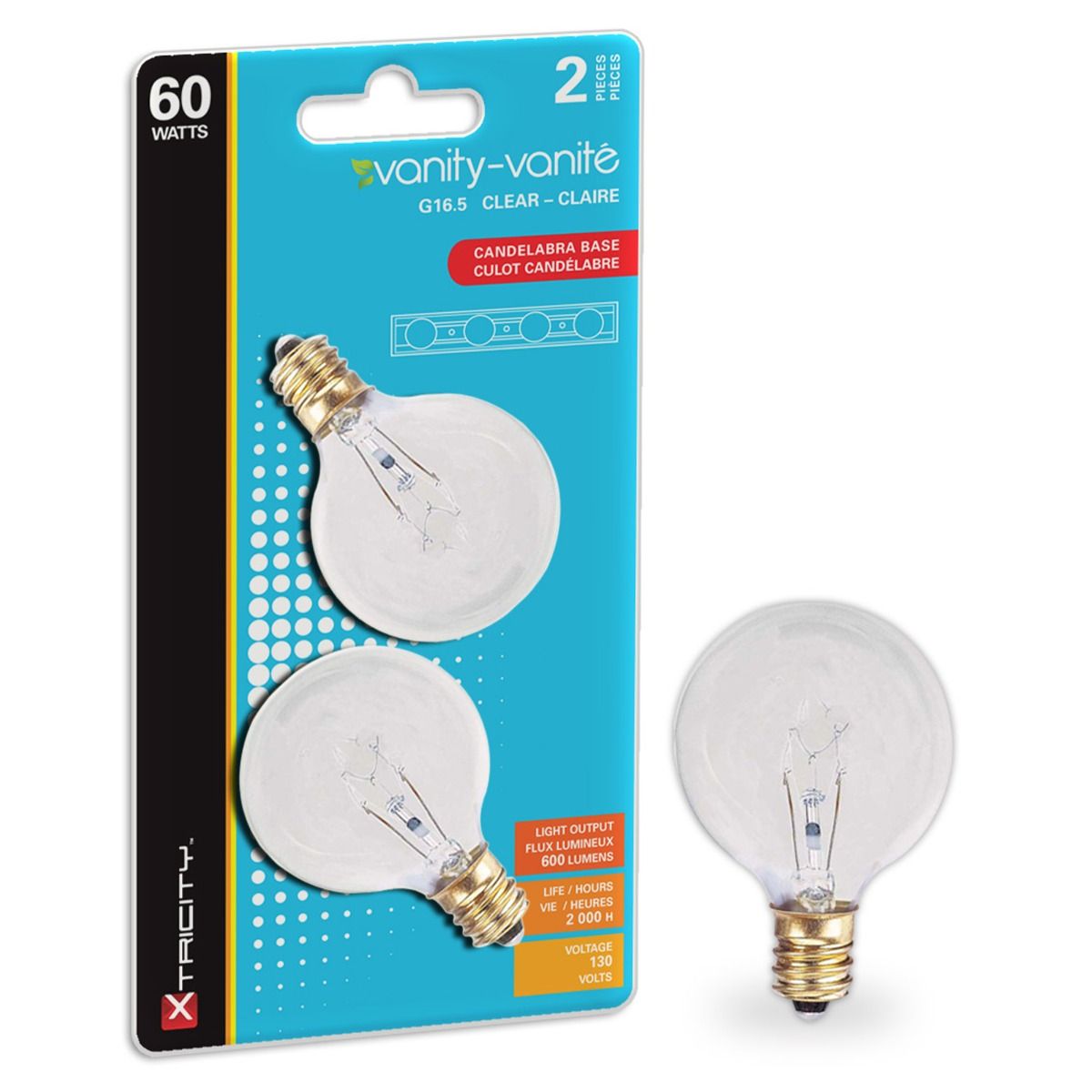 Ampoule incandescente G16-1/2 60 W claire, culot candélabre