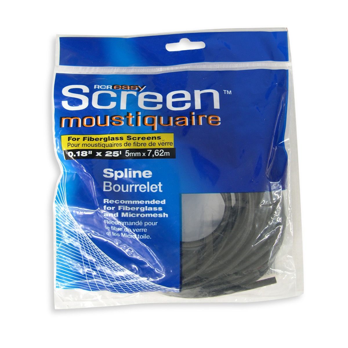 Bourrelet de moustiquaire noir 0,18 po x 25 pi