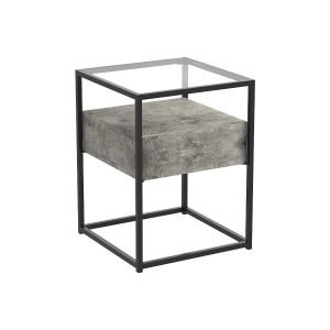 Table d'appoint en MDF ciment foncé et métal noir avec un haut en verre