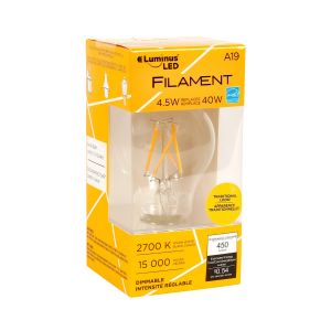 Ampoule claire filament DEL A19, blanc chaud, intensité variable