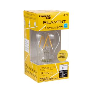 Ampoule claire filament DEL A19, blanc chaud, intensité variable 