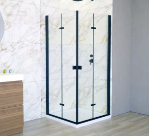 Douche carrée noire avec base en acrylique et portes pliantes