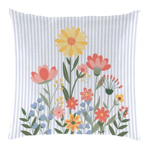 Coussin extérieur motif de fleurs et rayures bleues