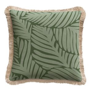 Coussin extérieur motif feuillage vert et bords en jute