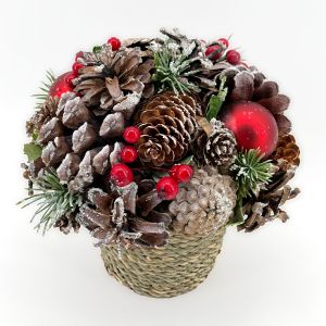 Arrangement de cocottes, pin et boules rouges 7.5 po