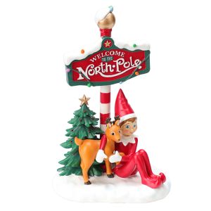 Panneau de bienvenue au pôle nord avec lutin et renne