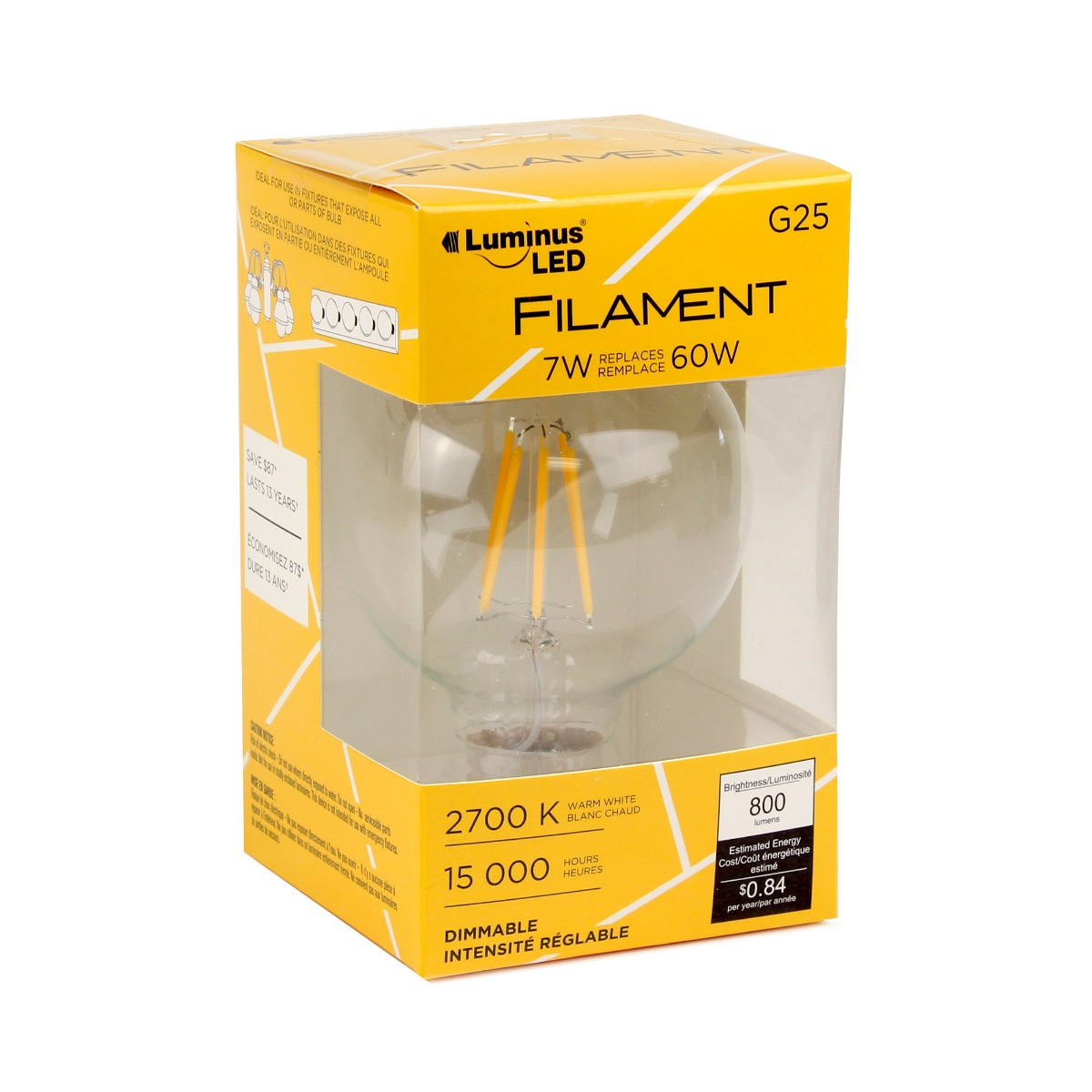 Ampoule claire filament DEL G25 blanc chaud, intensité variable