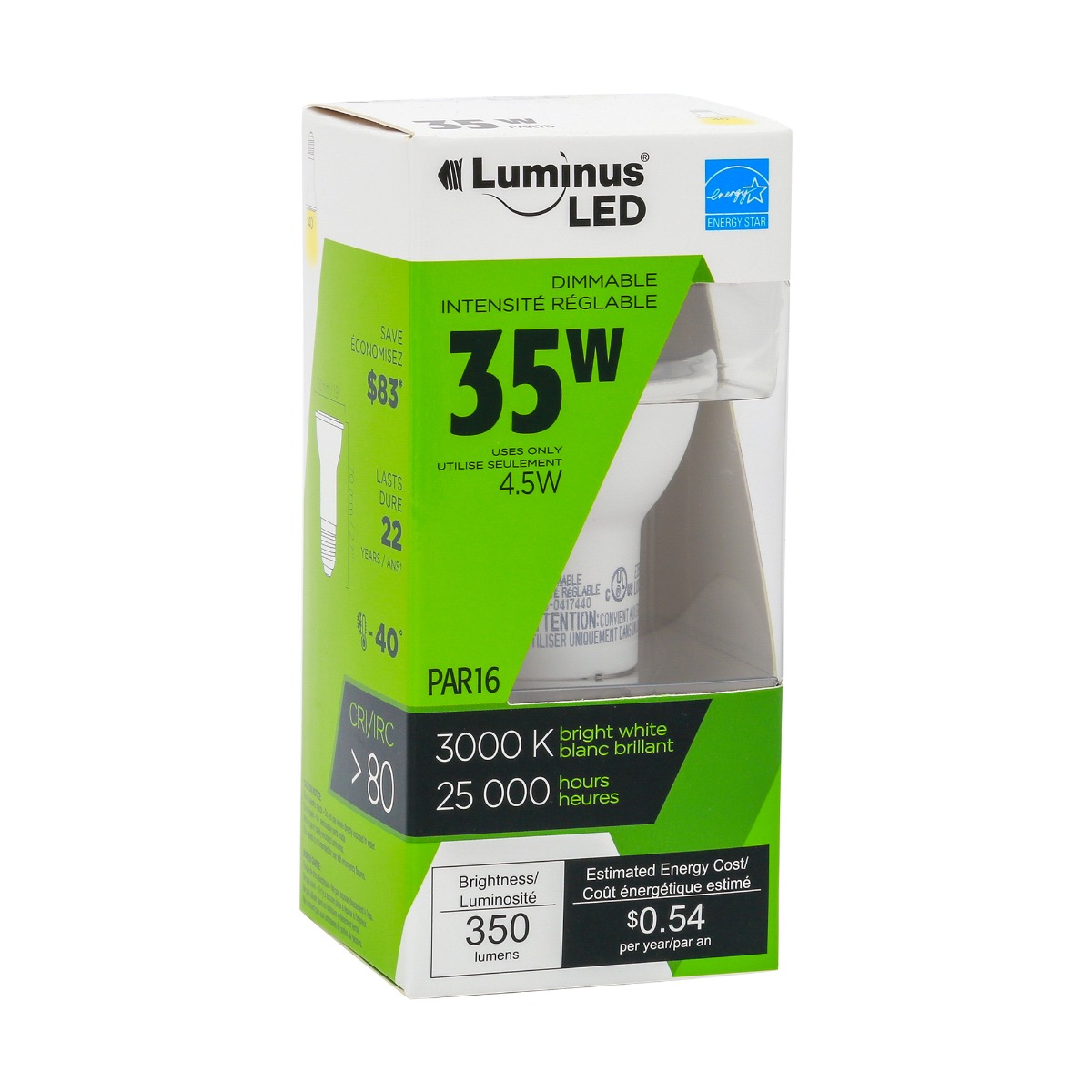 Ampoule réglable DEL PAR16 blanc brillant 3000 K