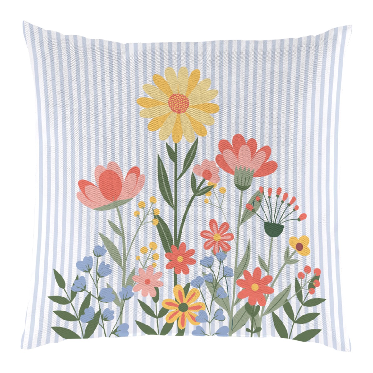 Coussin extérieur motif de fleurs et rayures bleues