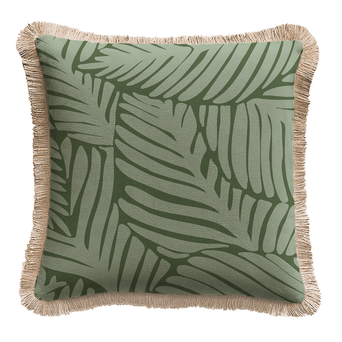 Coussin extérieur motif feuillage vert et bords en jute
