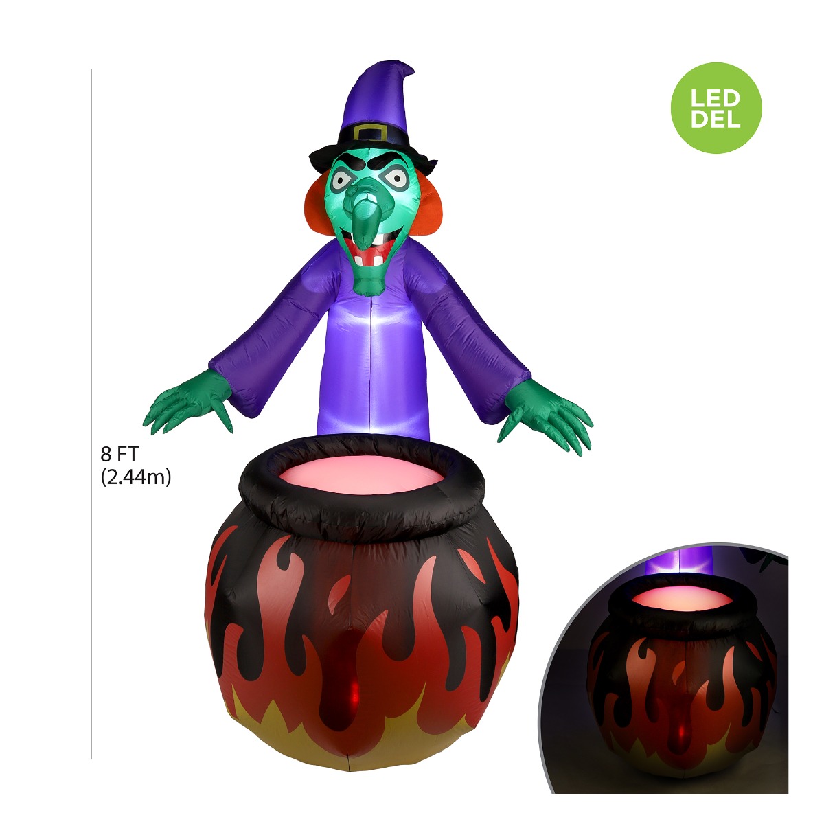 Sorcière et chaudron à effet de flamme LED gonflable